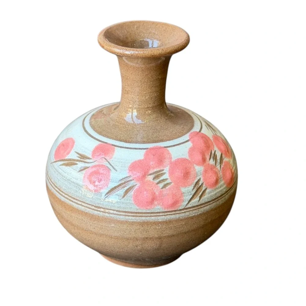 Vintage Studio Pottery Bud Vase Hand Painted Pink Floral Stoneware Earthy Boho